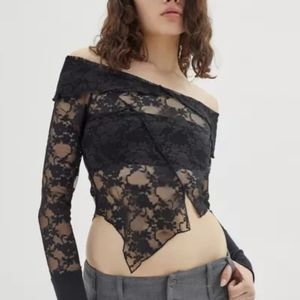 Urban Outfitters Uo Amarillis Sheer Lace Off-the-shoulder Top In Black large